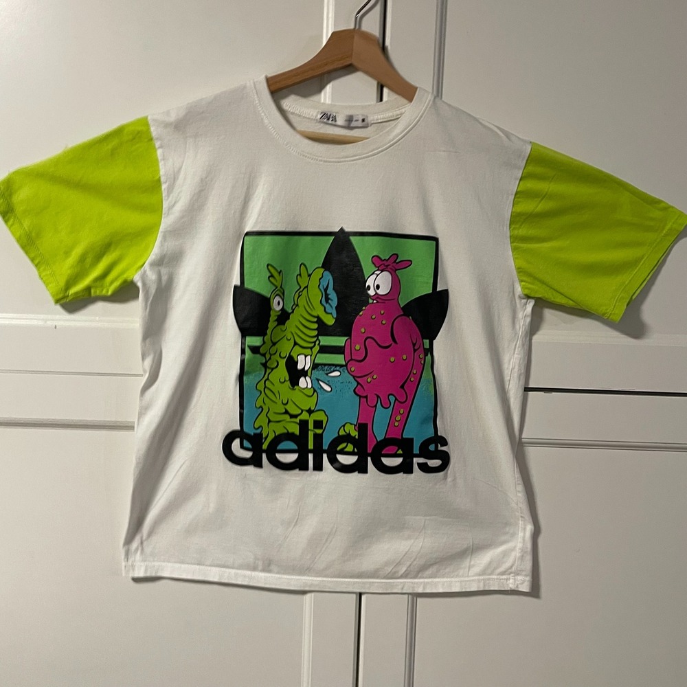 Zara Adidas Graphic Tee White Lime Green Monster Trefoil Logo Shirt Mens L